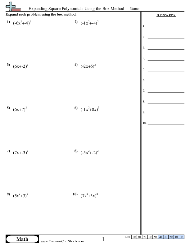 Algebra Worksheets - Expanding Square Polynomials Using the Box Method worksheet